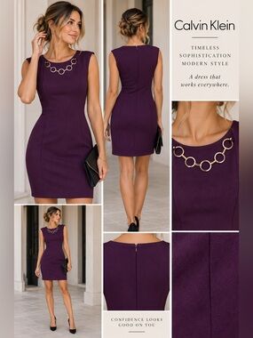 Calvin Klein Plum Sheath Dress with Gold-Tone Ring Necklace